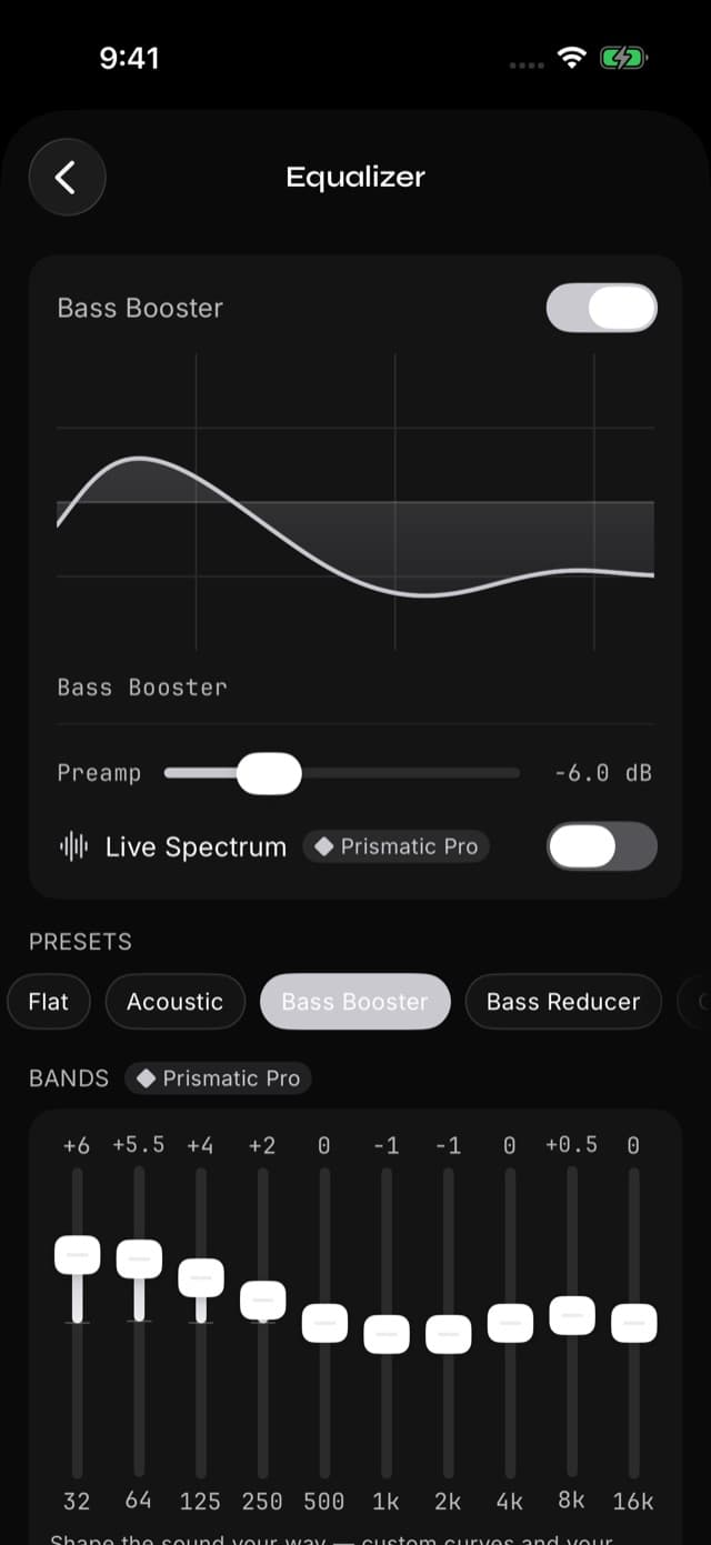 Bass Booster selected in Prismatic, with the preset name and its raised bass curve visible above.