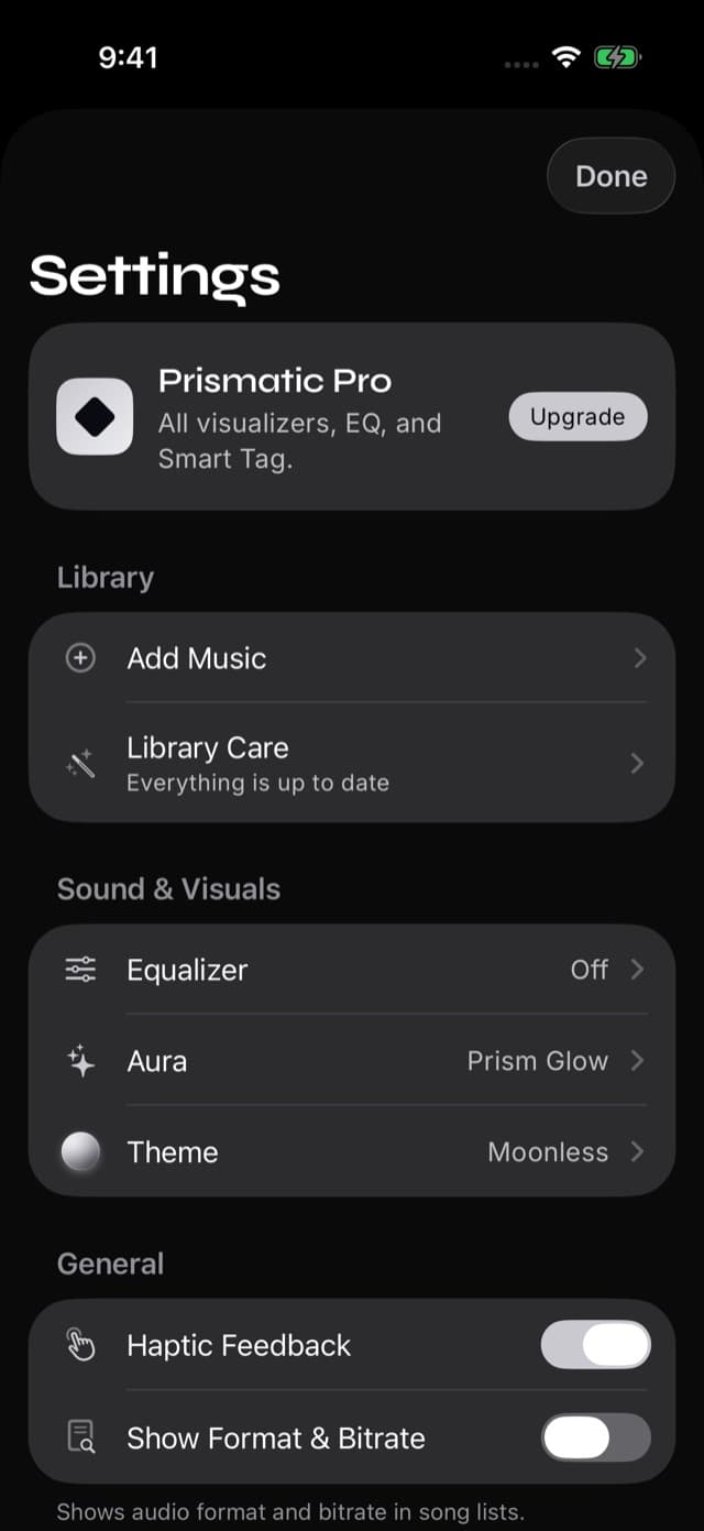 Prismatic Settings with the Equalizer row under Sound & Visuals, currently marked Off.