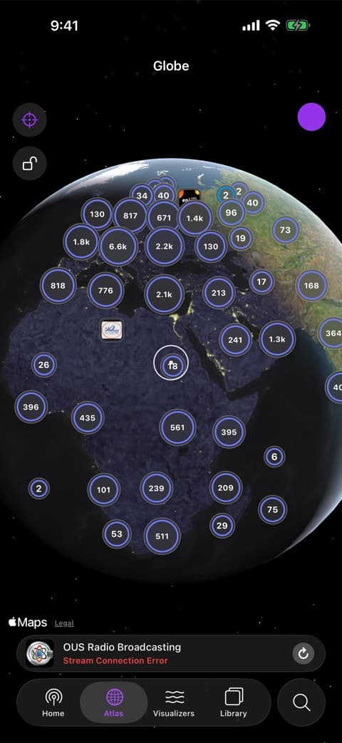 The Atlas globe in Prismatic FM, covered in clustered station counts across Europe and Africa