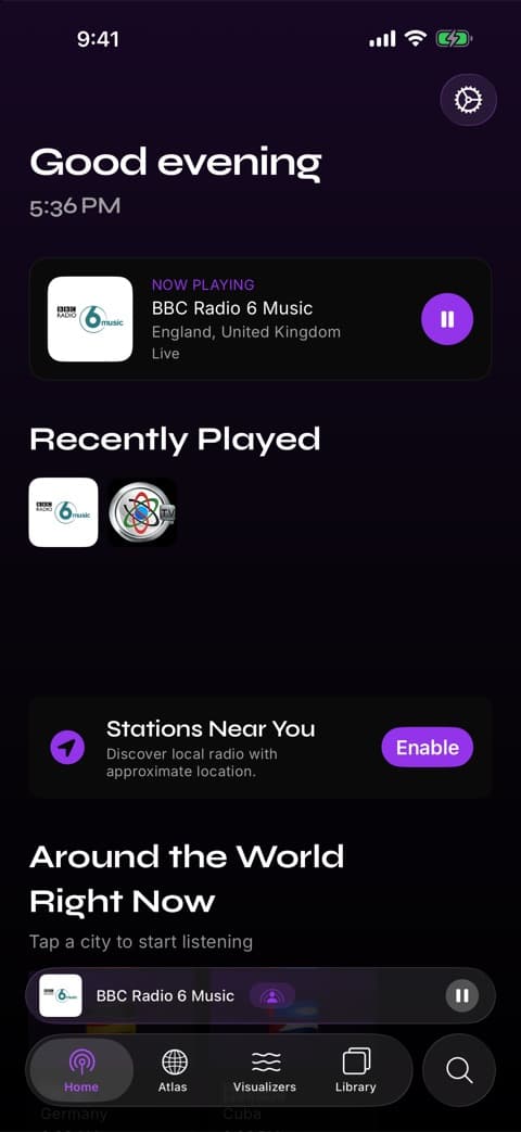 The Prismatic FM home screen with a station playing, above the recently played and nearby station rows
