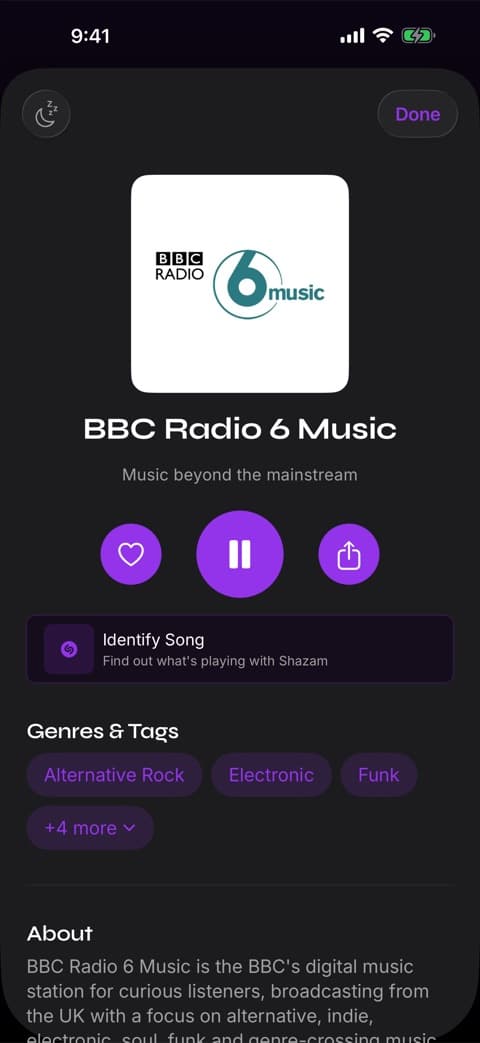A station playing in Prismatic FM with the Identify Song control below the playback buttons