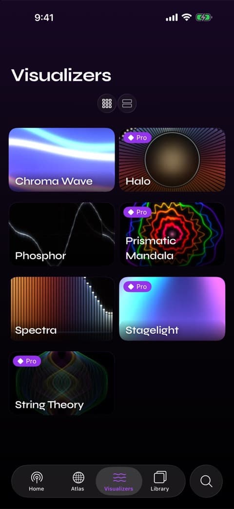 The Visualizers tab in Prismatic FM, showing a grid of visualizer scenes with live preview thumbnails