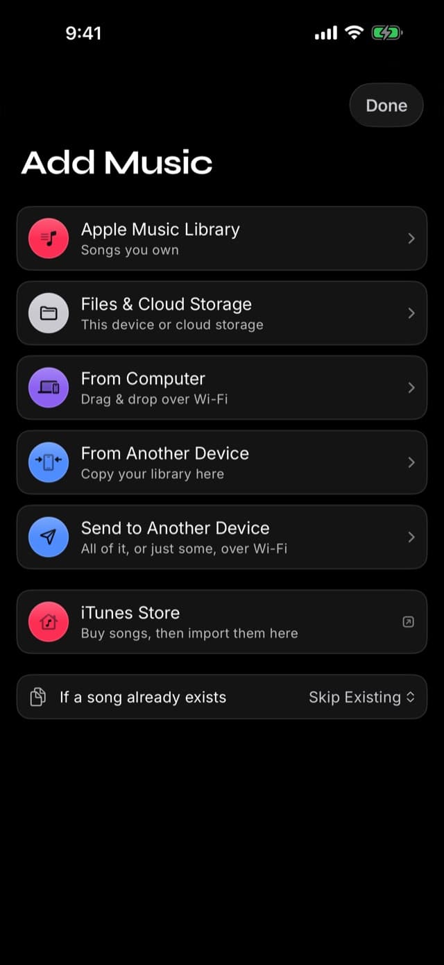 The Add Music screen in Prismatic Music with Files & Cloud Storage among the import sources