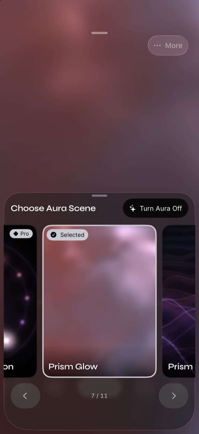 The Choose Aura Scene sheet in Prismatic Music, showing a swipeable carousel of live scene previews with one marked Selected and a Turn Aura Off button