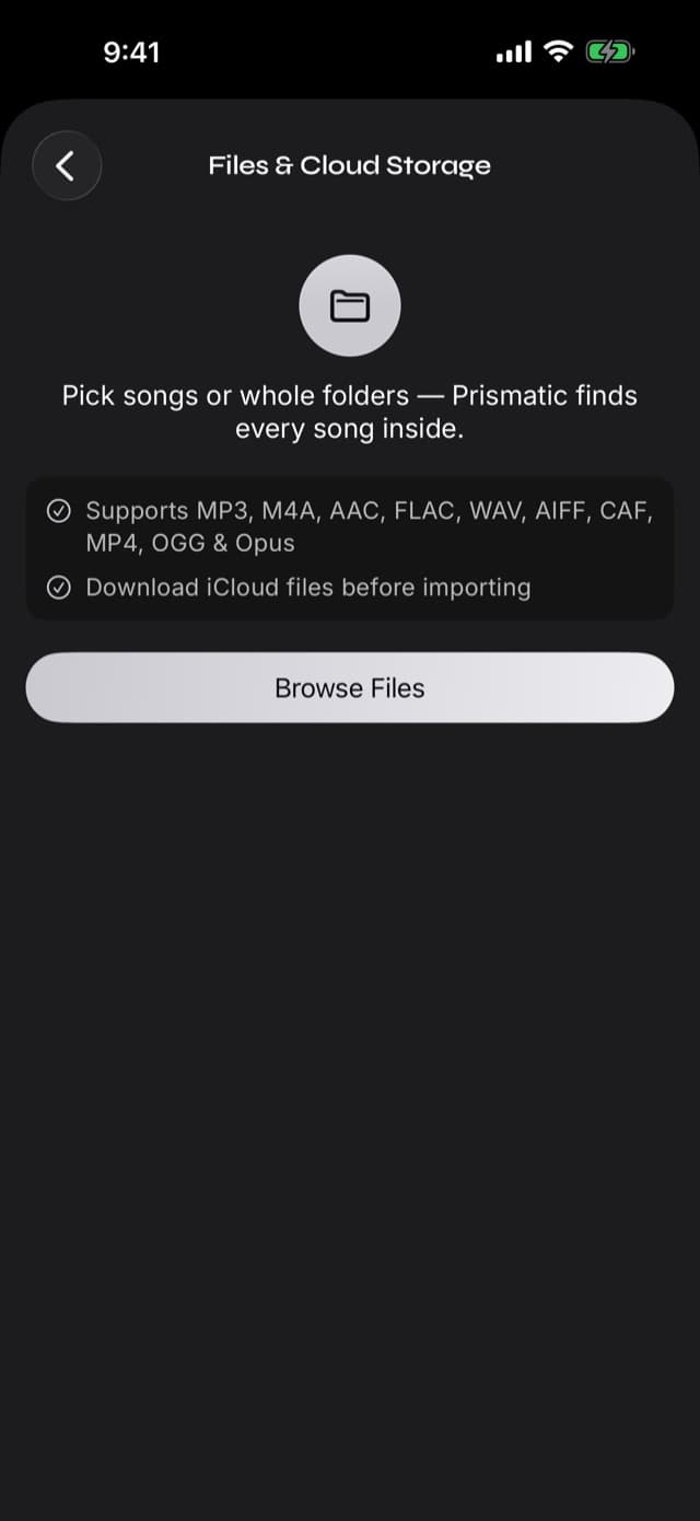 The Files and Cloud Storage detail page in Prismatic Music showing supported formats, the download-iCloud-files-first caveat, and a Browse Files button
