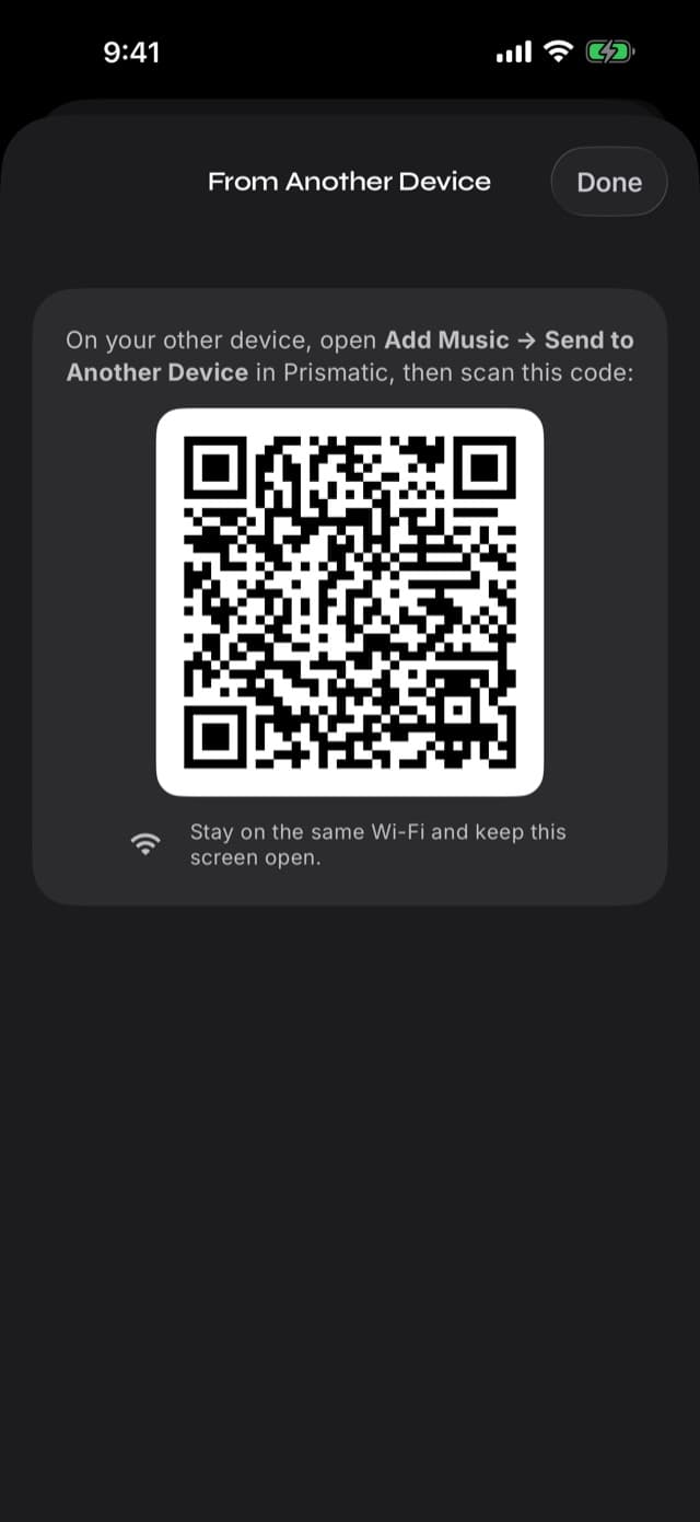 The From Another Device screen in Prismatic Music on the receiving phone, displaying a QR code with instructions to open Send to Another Device on the other phone