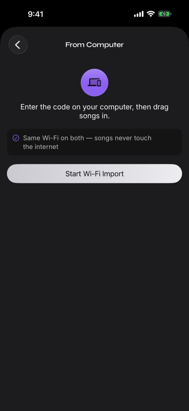 The From Computer detail page in Prismatic Music, describing the Wi-Fi drag-and-drop import and its same-network requirement, with a Start Wi-Fi Import button