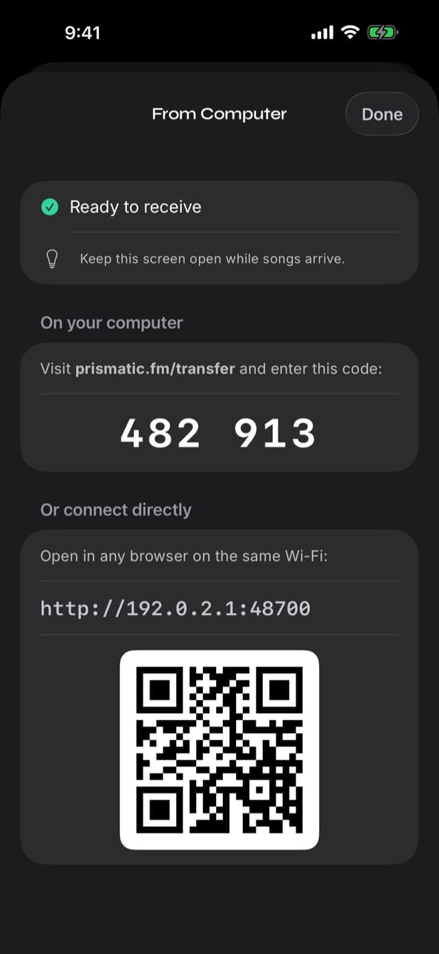 The From Computer screen in Prismatic Music showing the six-digit code to type on the computer