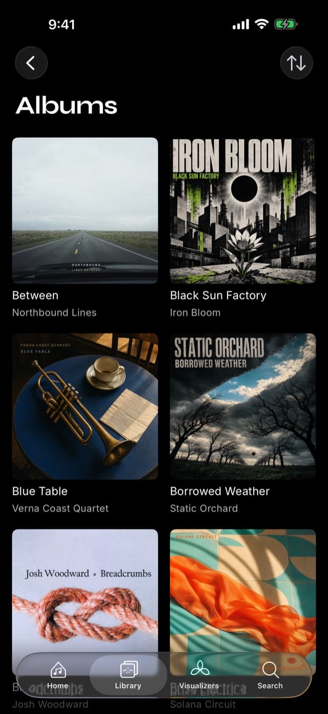 The Albums view in Prismatic Music after an import, showing a grid of albums with their embedded cover art