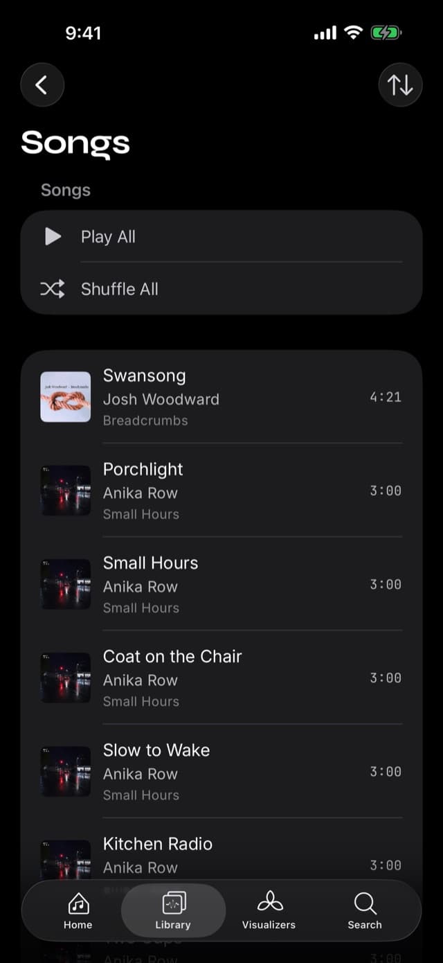 The Songs list in Prismatic Music after importing music from a drive