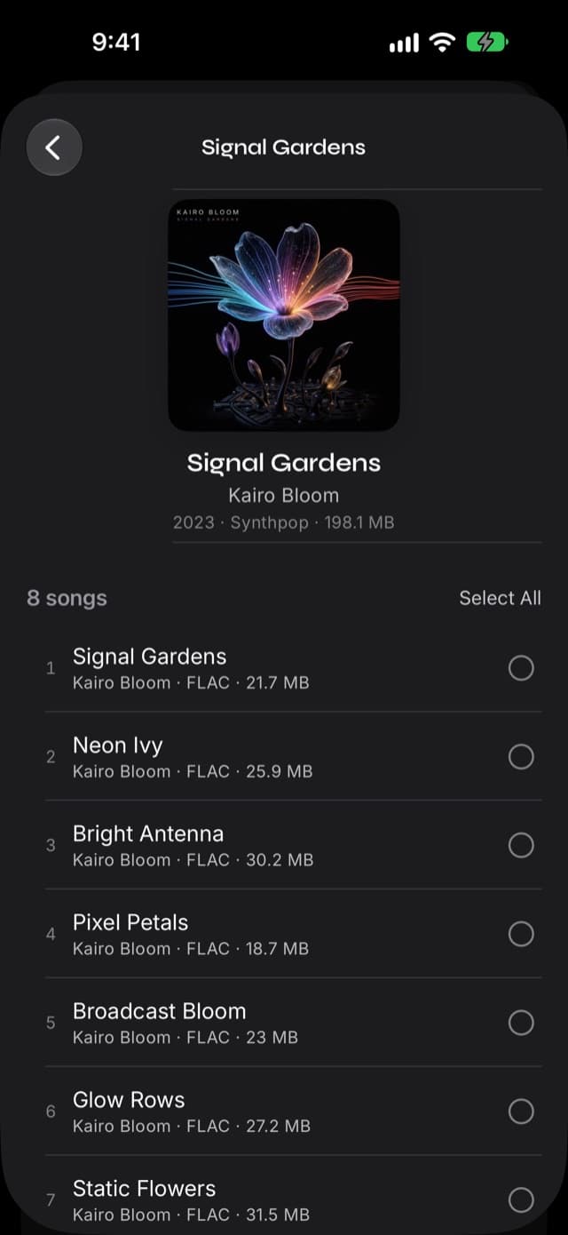 An album page from a music server inside Prismatic Music, showing the cover, 2023, Synthpop, 198.1 MB, and each song with its format and size beside a selection circle