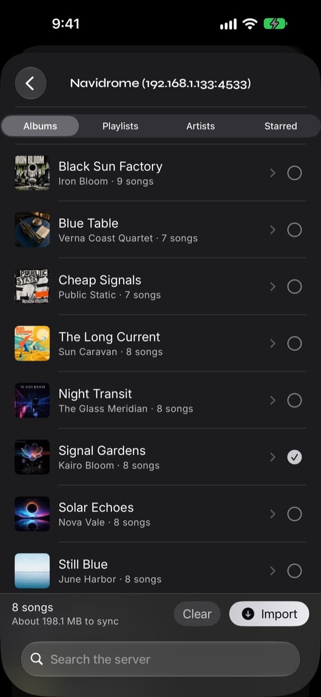 The server browse screen in Prismatic Music showing a Navidrome server's albums with cover art, one album ticked, and a selection bar reading 8 songs, about 198.1 MB to sync