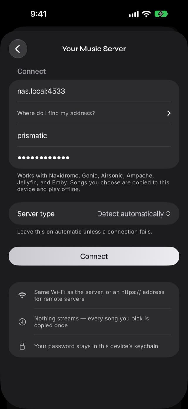 The connect form in Prismatic Music showing Server address, Username, and Password fields with a Connect button, and notes about Wi-Fi, copying, and the keychain