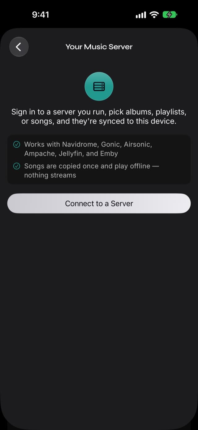The Your Music Server page in Prismatic Music, describing sign-in and selection, and noting that songs are copied once and play offline