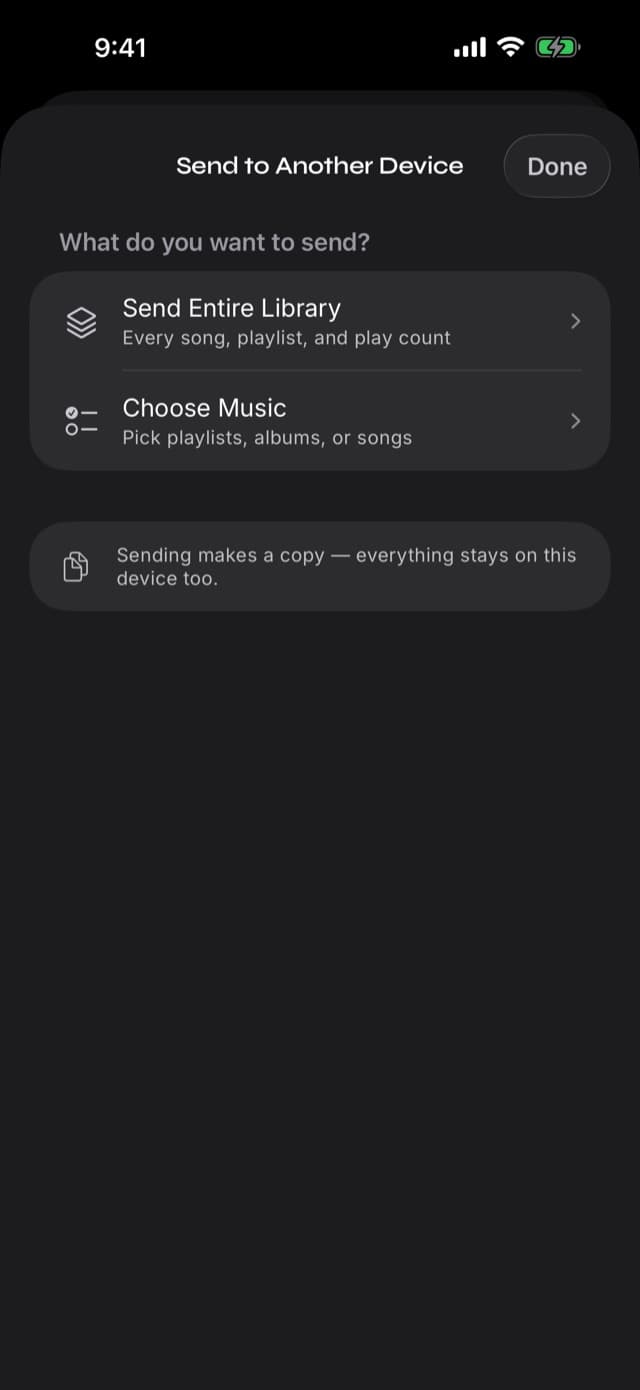The Send to Another Device screen in Prismatic Music offering Send Entire Library and Choose Music, with a note that sending makes a copy