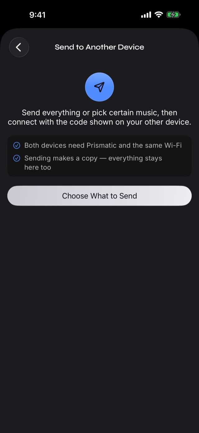 The Send to Another Device detail page in Prismatic Music, stating that both devices need Prismatic and the same Wi-Fi and that sending makes a copy so everything stays on the sending device