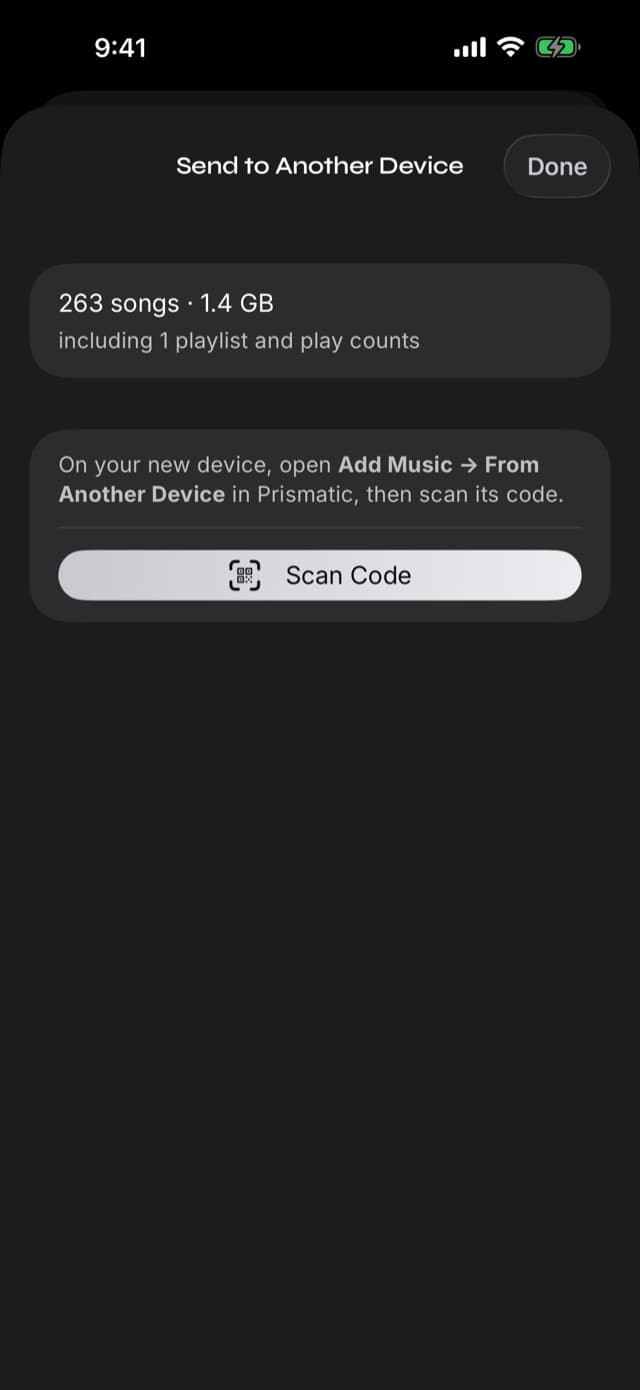 The Send to Another Device screen in Prismatic Music showing 263 songs and 1.4 GB ready to send