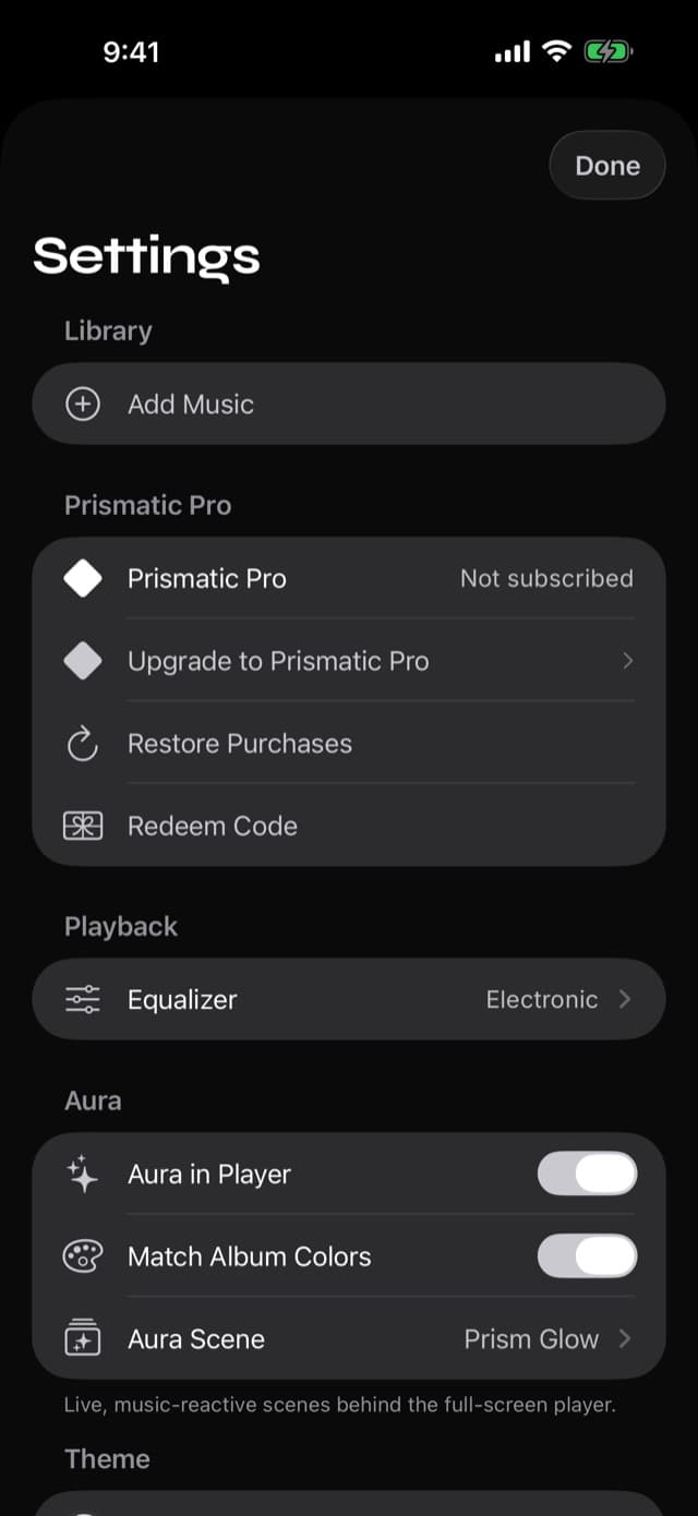 The Settings screen in Prismatic Music, where Library Management holds Clean Up Missing Files