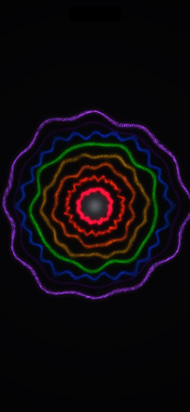 A full-screen visualizer scene in Prismatic Music rendering concentric colored rings that respond to the music's frequency bands