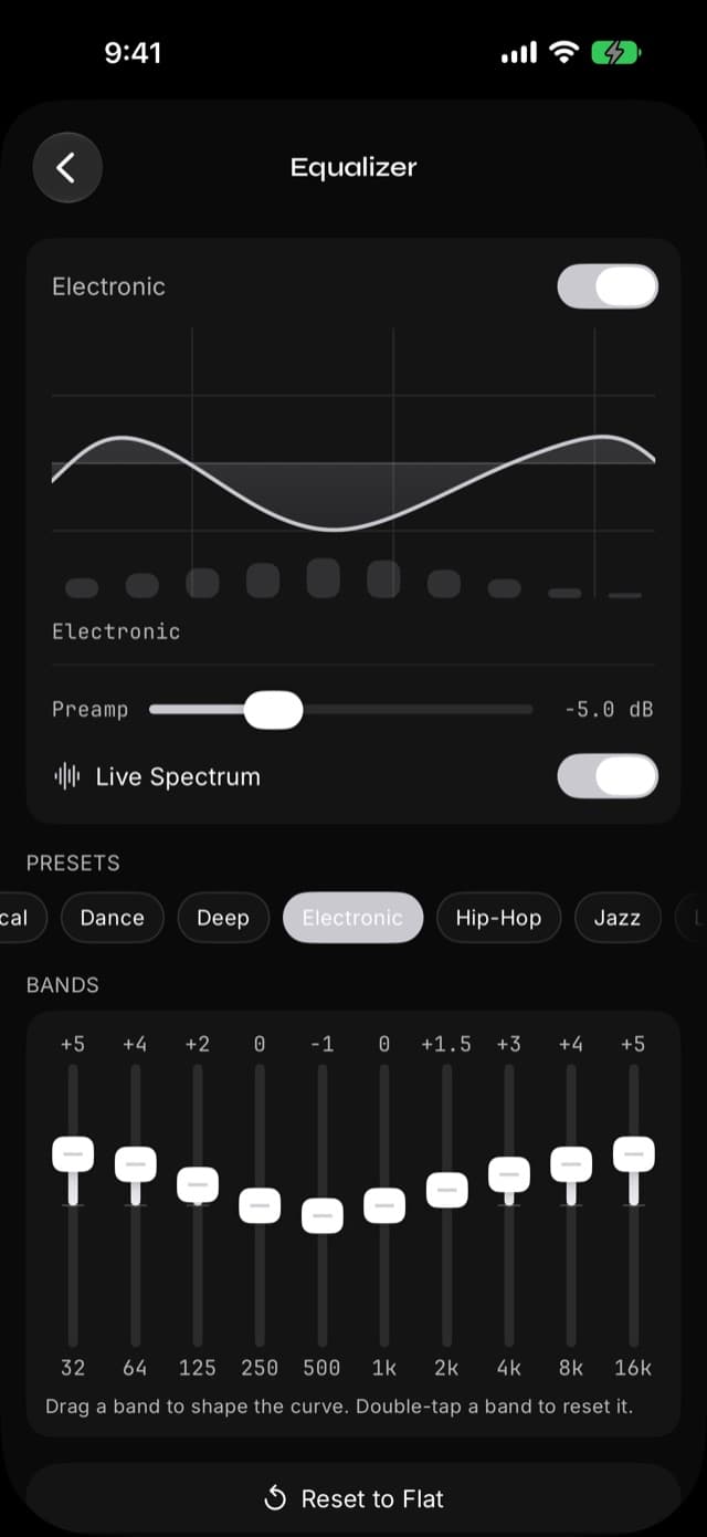 The 10-band equalizer in Prismatic Music with the Electronic preset selected