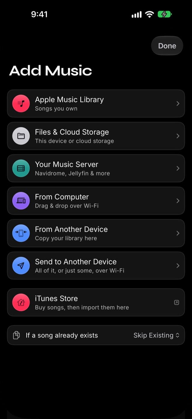 The Add Music screen in Prismatic Music listing every import source, including Your Music Server