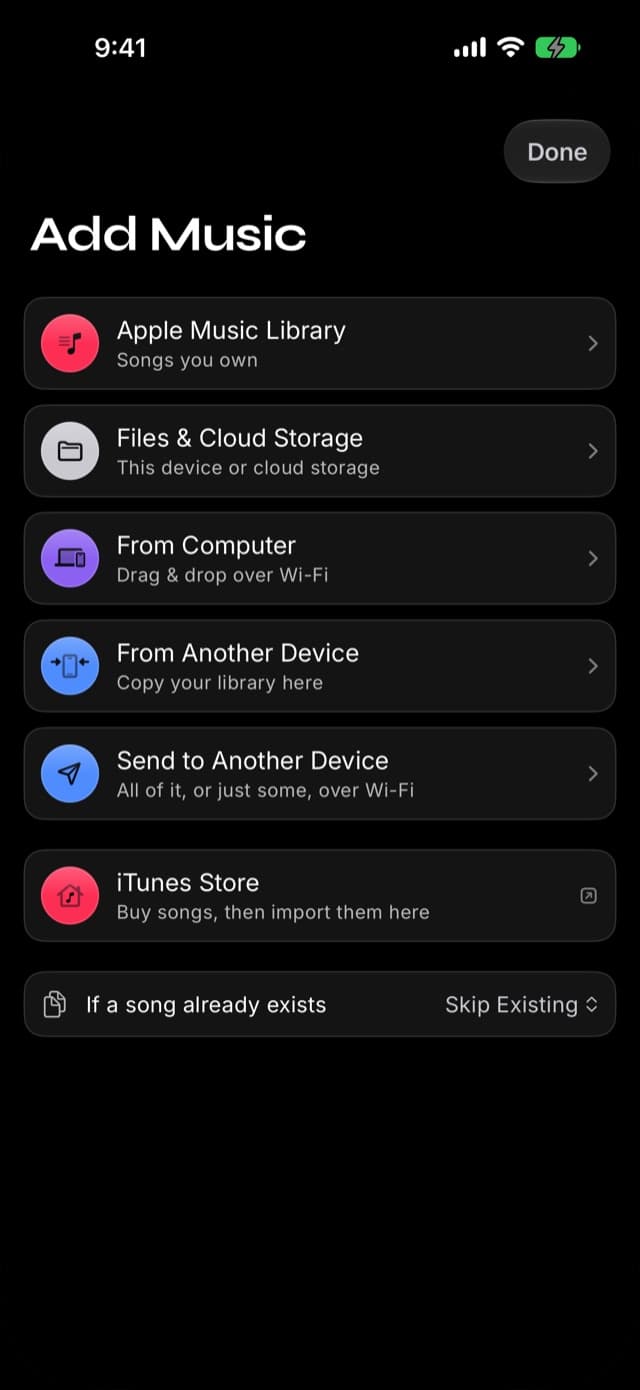 The Add Music screen in Prismatic Music listing every import source
