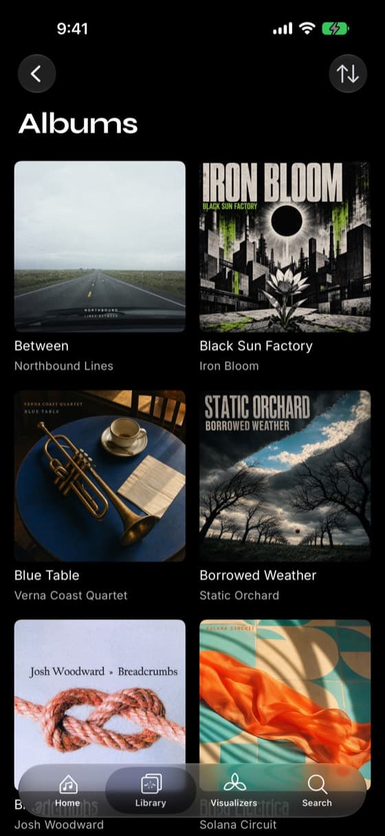 A music library in Prismatic Music after import, organized into albums with artwork