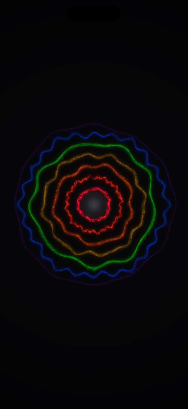 The Prismatic Mandala visualizer scene rendered full-screen in Prismatic Music, concentric rings drawn from the song's live spectrum