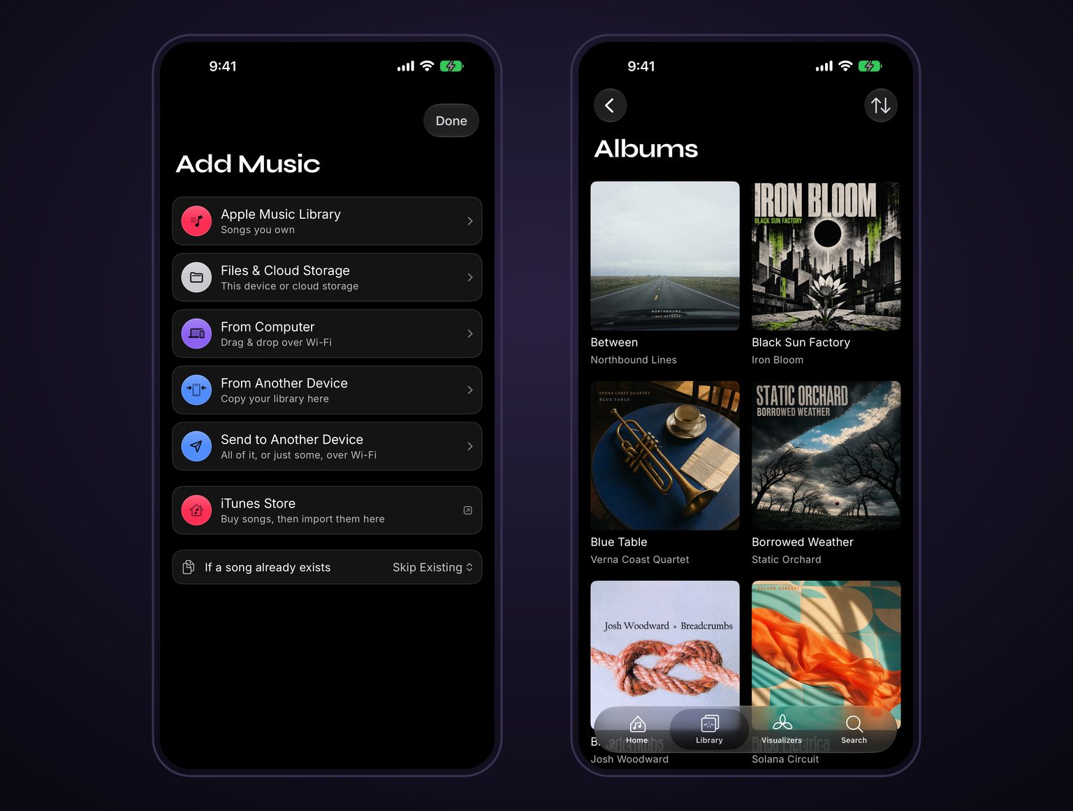 The Add Music screen in Prismatic Music, listing Apple Music library, Files & Cloud Storage, and Wi-Fi computer import — and the resulting library, organized by album